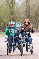 Aaran Hedges and one of his support workers Milton Country Park - Consultation Day - To find out what bikes people with disabilities enjoyed riding!